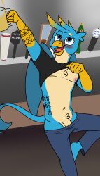 aaron_amethyst absurd_res alcohol anthro anthro_male avian beer beverage blue_body blue_eyes bottomwear clothed clothing clothing_lift drunk friendship_is_magic gallus_(mlp) genitals glass gryphon hasbro hi_res male multicolored_body my_little_pony mythological_avian mythological_creature mythology navel nipple_piercing nipples open_mouth pants penis penis_base piercing shirt shirt_lift solo substance_intoxication tattoo tongue tongue_out tongue_piercing topwear wings