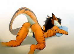 1boy 2015 anthro anus ass ass_up backsack balls endymion fur hair looking_at_viewer looking_back lost-paw lying male male_only mammal nude on_front orange_fur penis perineum pillow pillow_hug presenting presenting_hindquarters raised_tail rear_view red_eyes sergal solo stripes