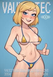 ai_generated areola_slip bikini blonde_hair blue_eyes blush cameltoe fallout hand_on_hip looking_at_viewer magazine_cover micro_bikini open_smile pixelbitchesai short_hair sweat thumbs_up underboob vault_dweller vault_girl