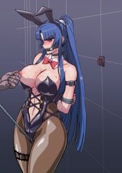 1boy absurdres action_taimanin alternate_costume animal_ears arms_behind_back bit_gag black_leotard blue_hair bondage bound bound_arms breasts clitoral_stimulation crotch_rope cuffs curvy dark-skinned_male detached_collar embarrassed fake_animal_ears female femsub frown gag grabbing_another's_breast groping highleg highleg_leotard highres hime_cut it_should_have_been_me_not_her large_breasts leotard long_hair looking_at_another makinaru maledom nipple_pull nipple_slip nipple_stimulation nipples official_alternate_costume one_breast_out pantyhose playboy_bunny ponytail purple_eyes rabbit_ears restrained rope saliva saliva_trail sex_slave sexual_harassment shiny_skin simple_background slave smile straight taimanin_(series) taimanin_asagi taimanin_murasaki v-shaped_eyebrows wall wide_hips yatsu_murasaki you_gonna_get_raped