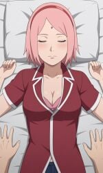 aged_up ai_generated ass bare_legs barefoot bigmic145 boruto:_naruto_next_generations breasts closed_eyes female female_only medium_breasts naruto naruto_(series) pajamas pink_hair sakura_haruno short_hair sleeping