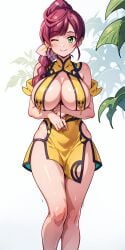 1girls ai_generated big_breasts blue_dress braid braided_hair breasts chinese_clothes chloe_(pokemon) cleavage creatures_(company) dress female gamefreak green_eyes large_breasts looking_at_viewer nintendo open_mouth pokemon pokemon_journeys ryuzam single_braid solo two_tone_dress wink yellow_dress