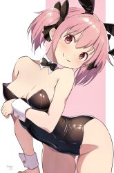 ass_visible_through_thighs bare_arms bare_legs bare_shoulders bare_thighs belly_button_visible_through_clothing black_leotard blush body_blush breasts bunny_ears bunnysuit cleavage closed_mouth detached_collar leotard madoka_kaname mahou_shoujo_madoka_magica nagare_(flow) pink_hair ribbon shiny_skin small_breasts smile strapless strapless_leotard thighs twintails wrist_cuffs