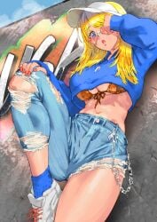 1girls blonde_hair day dokiyuri jeans looking_at_viewer socks solo