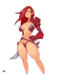 armor battle_chasers cleavage female hair_over_one_eye long_hair navel panties r4 red_hair red_monika smile solo standing weapon