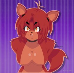 animatronic anthro arms_behind_back breasts canine female female_only five_nights_at_freddy's five_nights_in_anime fox fox_ears foxy_(fnaf) fur happy large_breasts looking_at_viewer mairusu-paua mechanical open_mouth purple_background red_fur robot rule_63 smile solo tail teeth yellow_eyes