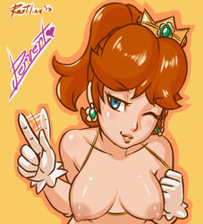 1girls 2015 areolae blue_eyes blush breasts brown_hair crown earrings exposed_breasts eyelashes female female_only gloves half-closed_eyes heart high_ponytail human mario_(series) nintendo nipples one_eye_closed ponytail princess_daisy revtilian shadow simple_background smile solo text tied_hair topless wagging_finger wink yellow_background