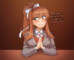 1girls bangs big_penis blush breasts brown_background brown_hair brown_sweater clothed collared_shirt doki_doki_literature_club female green_eyes grey_jacket grin hair_intakes hair_ribbon hands_on_table jacket light-skinned_female light_skin long_sleeves looking_away medium_hair monika_(doki_doki_literature_club) neck_ribbon own_hands_together palms_together ponytail red_ribbon shirt sidelocks simple_background smile speech_bubble sweater table text triplestabber white_bow white_ribbon white_shirt