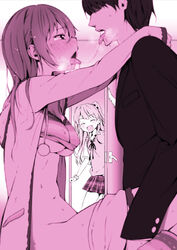 1boy 2girls :d ^_^ age_difference alternate_hairstyle blush breasts breath caught closed_eyes cute_fang door erect_nipples from_side hair_down hoodie hug idolmaster idolmaster_cinderella_girls jougasaki_mika jougasaki_rika leg_warmers monochrome multiple_girls no_eyes older_male older_man_and_teenage_girl older_penetrating_younger open_clothes open_door open_hoodie open_mouth pink plaid plaid_skirt producer_(idolmaster) saliva saliva_trail school_uniform sex shaded_face shirt_lift shorts shorts_pull side_view skirt smile sweat sweater_vest tears teenage_girl teenager tongue tongue_out two_side_up u_(the_unko) underboob walk-in younger_female