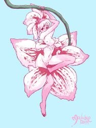 1futa 2014 balls blue_background breasts flaccid flower flower_petals futa_only futanari humanoid humanoid_penis malabie malabie_(artist) naked navel nude personification pink_body pink_eyes pink_hair plant plant_girl small_penis solo white_body