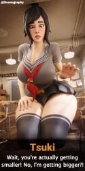 3d black_hair blender breasts cleavage dialogue dialogue_box doonography female female_focus female_only fortnite fortnite:_battle_royale giantess growth kneeling looking_at_viewer school_uniform schoolgirl sequence short_skirt skirt talking_to_viewer text thick_thighs thighhighs thighs tsuki_(fortnite) watermark