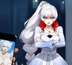 1boy 1girls ai_generated angry_face arms_crossed blackmail blue_eyes earrings faceless_male female fully_clothed glaring glaring_at_viewer looking_at_viewer male_pov necklace open_mouth phone phone_screen ponytail rwby scar scowl self_upload street weiss_schnee white_hair