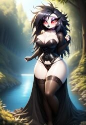 ai_generated breasts choker cleavage corset dress female furry gondor952 helluva_boss huge_breasts messy_hair octavia_(helluva_boss) owl_demon owl_girl thighhighs underwear