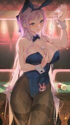 blue_eyes blush bunny_ears bunnysuit character_request club folkwang goddess_of_victory:_nikke huge_breasts ice_cube leggings legwear long_hair open_mouth party pink_hair pool_table pouring_on_self thick_thighs tokkihouse waterfall wet