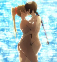 2girls absurdres accidental_circumstance accidental_yuri ass ass_grab beach blush breast_press breasts brown_hair canonical_sex closed_eyes female female_only hallucination high_res highschool_of_the_dead hug kissing large_breasts legs mistaken_identity multiple_girls nude ponytail ponytail_braid purple_hair rei_miyamoto saeko_busujima screencap tied_hair yuri