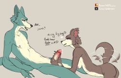 absurd_res anthro beastars bulge canid canine canis dirty_talk dirty_talk_during_handjob duo fellatio female genitals hi_res juno_(beastars) legoshi_(beastars) male male/female mammal mbt nude oral penile penis sex text wolf