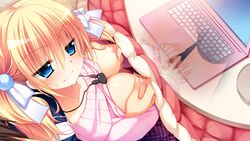 1boy black_legwear blonde_hair blue_eyes bow breast_grab breasts censored clothes_lift clothing computer female from_above game_cg hair_ribbon laptop large_breasts long_hair mosaic_censoring nanaka_mai ribbon sitting sitting_on_lap sitting_on_person smile sweatdrop sweater sweater_lift thighhighs tied_hair tsukumo_yuki_(yuki_koi_melt) twintails x-ray yuki_koi_melt