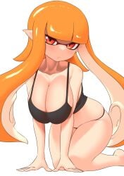 2024 all_fours belly big_breasts black_clothing black_panties blush breasts cleavage female female_focus female_only hands_on_breasts inkling inkling_girl jpg kaori_(splatoon) large_boobs large_breasts light-skinned_female light_skin long_hair looking_at_viewer nobunagapero on_knees orange_hair pointy_ears red_eyes shoulders simple_background skimpy_clothes slightly_chubby slightly_chubby_female solo solo_female solo_focus splatoon tentacle tentacle_hair thick_thighs white_background