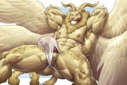 abs anthro balls biceps big_balls big_bulge big_penis bulge bulge_through_clothing delicious_in_dungeon dungeon_meshi erection_under_clothes felid feline felis fur furry humanoid_genitalia humanoid_penis jockstrap lion male male_nipples male_only mammal muscular_anthro muscular_male nipples pecs penis penis_outline precum precum_drip underwear winged_lion_(dungeon_meshi)