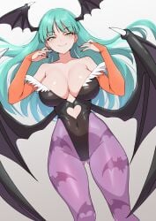 1girls animal_print bare_shoulders bat_print black_leotard black_wings breasts bridal_gauntlets closed_mouth clothing_cutout collarbone covered_navel darkstalkers demon_girl demon_wings female gluteal_fold green_eyes green_hair grey_background head_wings heart_cutout highres kamidan large_breasts leggings leotard looking_at_viewer low_wings morrigan_aensland pantyhose print_leggings purple_leggings red_nails simple_background smile solo succubus succubus_wings vampire wings