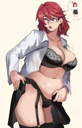 1girls bangs black_bra black_legwear black_panties bra breasts chubby chubby_female cleavage collared_shirt commission dressing earrings garter_belt garter_straps glasses green_eyes holding lace large_breasts lingerie lipstick long_sleeves mature_female mole navel open_clothes open_mouth open_shirt original original_character panties puzzled_artist red_hair shirt skirt skirt_lift solo standing thighhighs thought_bubble underwear watermark white_shirt