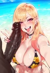 1boy 1boy1girl 1girls ai_generated beach big_breasts big_penis bikini bimbo blonde_hair breasts choker close-up dark-skinned_male earrings flower_bikini hand_on_penis holding_penis interracial kitagawa_marin light-skinned_female novelai open_mouth peace_sign penis selfie smile smiling smiling_at_viewer sono_bisque_doll_wa_koi_wo_suru sweat sweaty_breasts taking_picture tongue twitwit veiny_penis