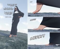 1girls 3d barefoot bigiolax city comic_page english_text extreme_size_difference female foot_crush foot_fetish foot_focus giantess giga_giantess gilf macro mature mature_female nun nun's_habit nun_outfit older_female punishment size_difference solo_female text