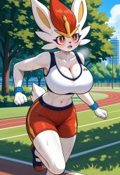 ai_generated anthro big_breasts breasts cinderace cleavage female female_focus female_only furry kemonogirls large_breasts nintendo orange_eyes pokemon pokemon_(species) solo sports_bra sportswear thighs white_fur