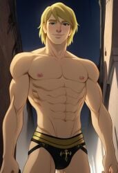 abs ai_generated biceps blonde_hair blush danny_rand gay green_eyes iron_fist jockstrap jockstrap_only looking_at_viewer male male_only marvel marvel_comics muscular muscular_male nude_male smile toned_body toned_male twall97 ultimate_spider-man