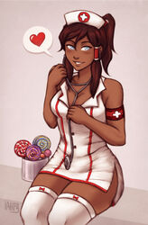 1girls armband avatar_legends blue_eyes blush brown_hair cleavage clothing cosplay dark-skinned_female dark_skin dress female female_only hourglass_figure human k-y-h-u korra lollipop medium_breasts nurse nurse_cap nurse_uniform ponytail sitting solo stethoscope stockings straight_hair the_avatar the_legend_of_korra thighhighs tied_hair water_tribe