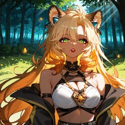 1girls ai_generated animal_ears blonde_hair cleavage dark_skin female female_only forest genshin_impact minokai xilonen_(genshin_impact)