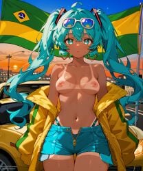 1girls ai_generated aqua_hair brazil brazilian brazilian_female brazilian_miku breasts_out city female female_only flag hatsune_miku jacket_partially_removed jean_shorts minokai short_shorts sunset sweating topless twintails vocaloid