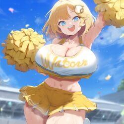 ai_generated armpits big_breasts blonde_hair blue_eyes breasts cheerleader cheerleader_outfit cheerleader_uniform cleavage hololive hololive_english hololive_myth huge_breasts large_breasts miniskirt navel pom_poms skirt sweat thick_thighs virtual_youtuber vtuber watson_amelia