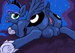 2015 absurd_res alicorn anus ass big_crotchboobs blue_eyes caliginousmane crotchboobs cutie_mark equine female female_only friendship_is_magic hair hi_res horn long_hair looking_at_viewer lying mammal my_little_pony non-anthro on_front princess_luna_(mlp) pussy raised_tail solo solo_female tongue tongue_out wings