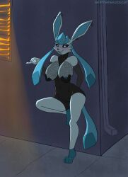 anthro beckoning big_breasts blue_body blue_fur breasts camel_toe clothed clothing eeveelution female fur generation_4_pokemon gesture glaceon hi_res night nintendo pokemon pokemon_(species) prostitution sidewalk skimpy skippersaucecat solo