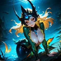 1female 1girls ai_generated black_sclera blonde_hair breasts cleavage colored_sclera eyelashes eyeliner fantasy female female_focus female_only fin fins helmet horny jewel jewelry league_of_legends long_hair looking_at_viewer makeup medium_breasts mermaid mermaid_tail nami_(league_of_legends) orange_eyes riot_games scales sensual sexually_suggestive sexy shiny_skin siren solo solo_female solo_focus stable_diffusion stblfantasy submarine suggestive suggestive_look underwater wet wet_hair