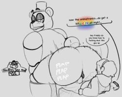 animatronic anthro dialogue dotboobs duo english_text five_nights_at_freddy's freddy_(fnaf) hi_res larger_male lgbt_pride machine male male/male phone_guy_(fnaf) plap plap_(sound) pride_colors profanity rainbow_flag rainbow_pride_flag rainbow_symbol robot scottgames size_difference smug smug_grin speech_bubble text