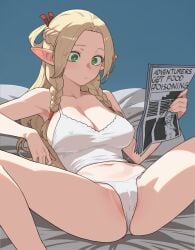 1girls 2025 blonde_hair cameltoe delicious_in_dungeon digital_media_(artwork) dungeon_meshi elf elf_ears elf_female elf_girl female female_only green_eyes kuso_otoko laying_down long_hair marcille_donato newspaper nipples_visible_through_clothing pointy_ears pussy_visible_through_clothes reading solo solo_female spread_legs tank_top underwear