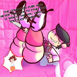 ass ass_focus black_hair blush blush_lines character_off_screen chell companion_cube compy_cubey fat_ass half_naked holding_object knife knife_play laying_down lip_bite long_fall_boots male_focus necklace one_eye_closed pink_stockings pink_tie portal_(series) sweater_vest tagme text thighhighs valve_(company) wet_pussy white_shirt