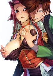 akiza_izinski blush breast_grab breasts breasts_out brown_eyes brown_hair choker elbow_gloves female fingerless_gloves gloves grin groping groping_breasts highres human izayoi_aki jewelry large_breasts male necklace nipple_tweak nipples open_mouth red_hair sayer short_hair shounen_jump smile straight ts422 yu-gi-oh! yu-gi-oh!_5d's