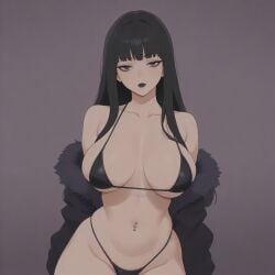 ai_generated bikini black_hair black_lipstick goth large_breasts light-skinned_female milf solo_female