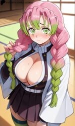 ai_generated ass blushed_face breasts demon_slayer dojo female green_eyes huge_ass huge_breasts kanroji_mitsuri lay-oreo looking_at_viewer pink_hair shy