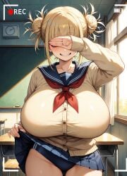 ai_generated bare_thighs blonde_hair blush boku_no_hero_academia camera_view covering_eyes embarrassed gigantic_breasts hair_bun himiko_toga huge_breasts huge_thighs imosaku4 light-skinned_female light_skin massive_breasts my_hero_academia sailor_uniform school_background school_uniform schoolgirl shounen_jump solo_female squatting sweat sweatdrop thick_body thick_female thick_thighs thighs twintails voluptuous voluptuous_female yellow_eyes