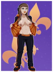 background belly_button breasts brown_hair dated eyelashes female flashing flashing_breasts fleur-de-lis half_naked_female half_nude headset holding_jacket human jacket mrdeepay nipples nose_bandage orange orange_lipstick orange_rockette original_character pants saints_row_the_third shoes signature tattoo