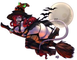 1girls ass bats big_ass big_breasts bimbo boots breasts broom busty cleavage corruption_of_champions dat_ass demon_girl demoness eyeshadow full_moon garter grindella_(corruption_of_champions) halloween horns lipstick makeup meshpet monster_girl moon nipple_bulge pussy red_hair skimpy_clothes smile succubus tail voluptuous witch witch_hat yellow_eyes