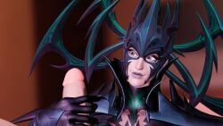 asgardian black_claws black_clothing black_eyelashes black_eyeliner edging female girl handjob hela hela_(marvel_rivals) looking_at_another marvel marvel_rivals rioki01 seductive_eyes