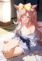 agnes_digital_(umamusume) ai_generated animal_ears blue_eyes female futon horse_girl long_hair open_clothes pink_hair red_ribbon_in_hair umamusume umamusume_pretty_derby yukata