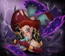 anal anal_sex breasts eye_scar facial_scar female green_eyes kassadin katarina_du_couteau league_of_legends male penetration penis red_hair scar sucking torn_clothes