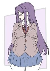 1girls arrowdark big_belly big_breasts bloated_belly blush clothing doki_doki_literature_club female female_only long_hair pregnant purple_eyes purple_hair school_uniform shy solo thick_thighs yuri_(doki_doki_literature_club)