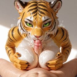 3d ai_generated anthro cum_on_face cumming female_focus furry hi_res highres human_on_anthro male/female penis_between_breasts scp980 squeezing_breast steaming_body sucking_penis sweating tiger